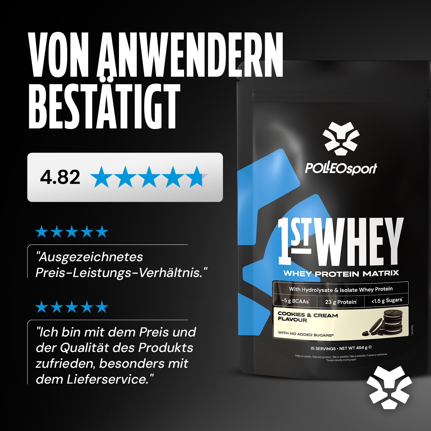 Schwarze Verpackung mit "1ST WHEY" und "Cookies & Cream Flavour". Enthält 15 Portionen. Marke: PolleoSport. Kundenbewertung: 4.82 Sterne.