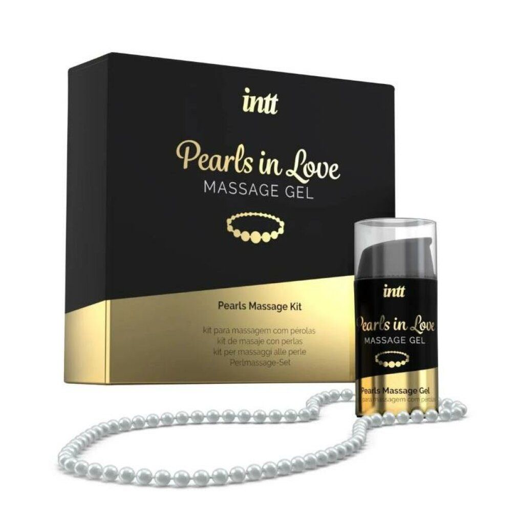 Schwarze Schachtel, Flasche und Perlenkette: intt Pearls in Love Massage Gel. Massage-Kit. Goldene Schrift.