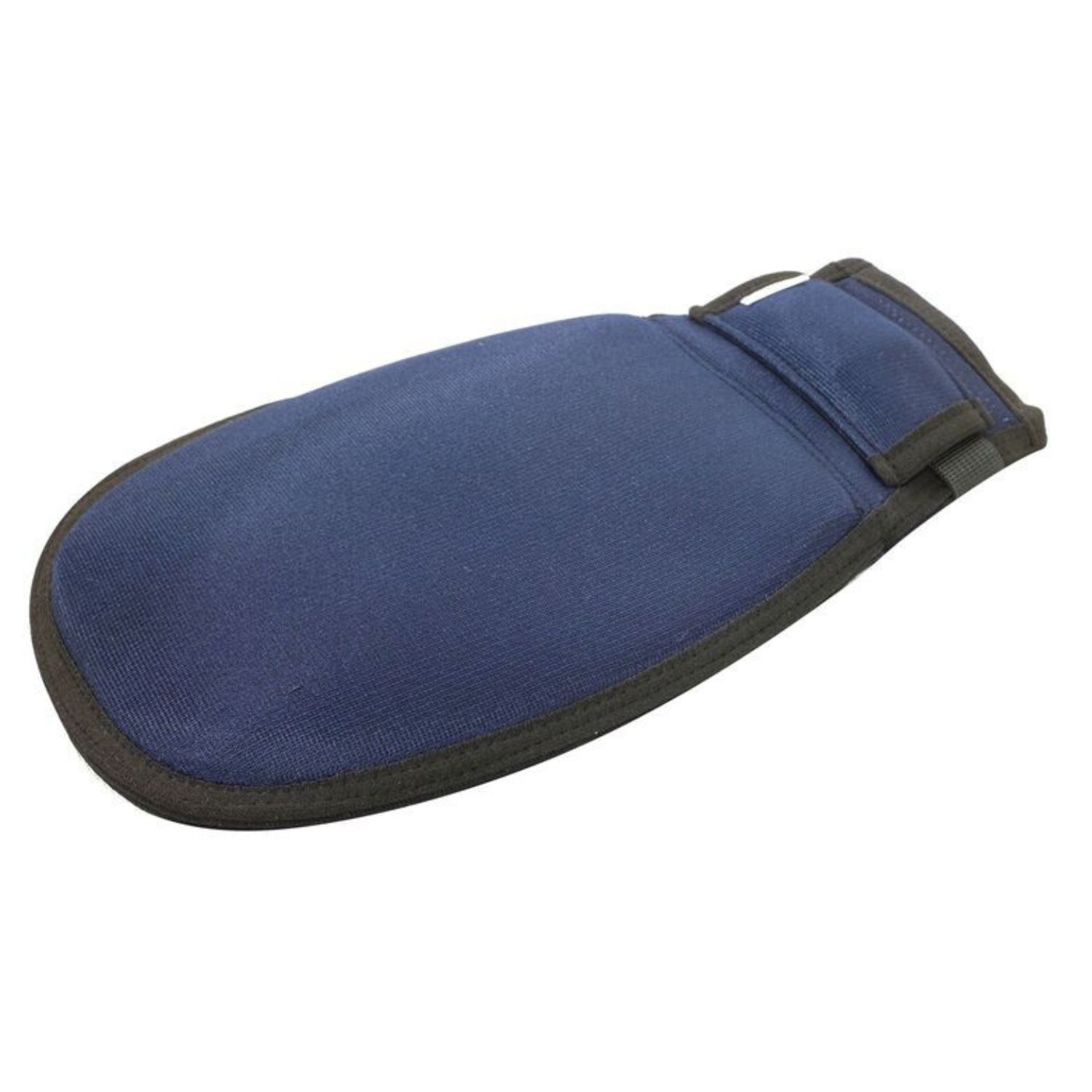 Blauer Handschuh mit schwarzem Rand und Manschette. Manschette mit schwarzem Rand.