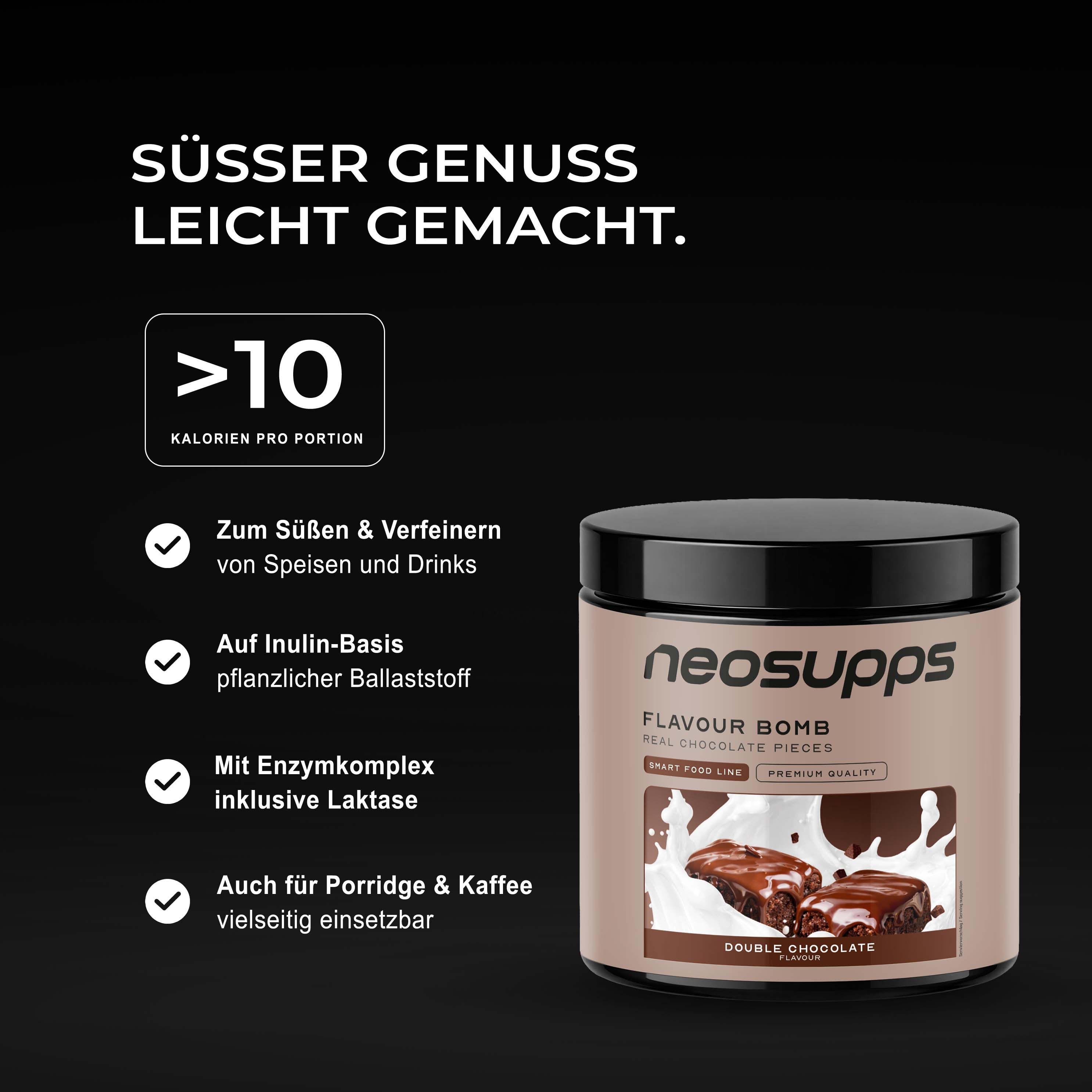 Neosupps Flavour Bomb Dose mit Hinweisen zu Kalorien und Anwendung.