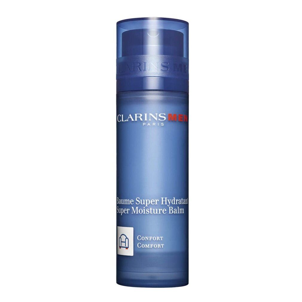 Blau-transparente Flasche mit blauem Deckel. Aufschrift: Clarins Men Paris, Baume Super Hydratant, Super Moisture Balm. Komfort-Symbol.