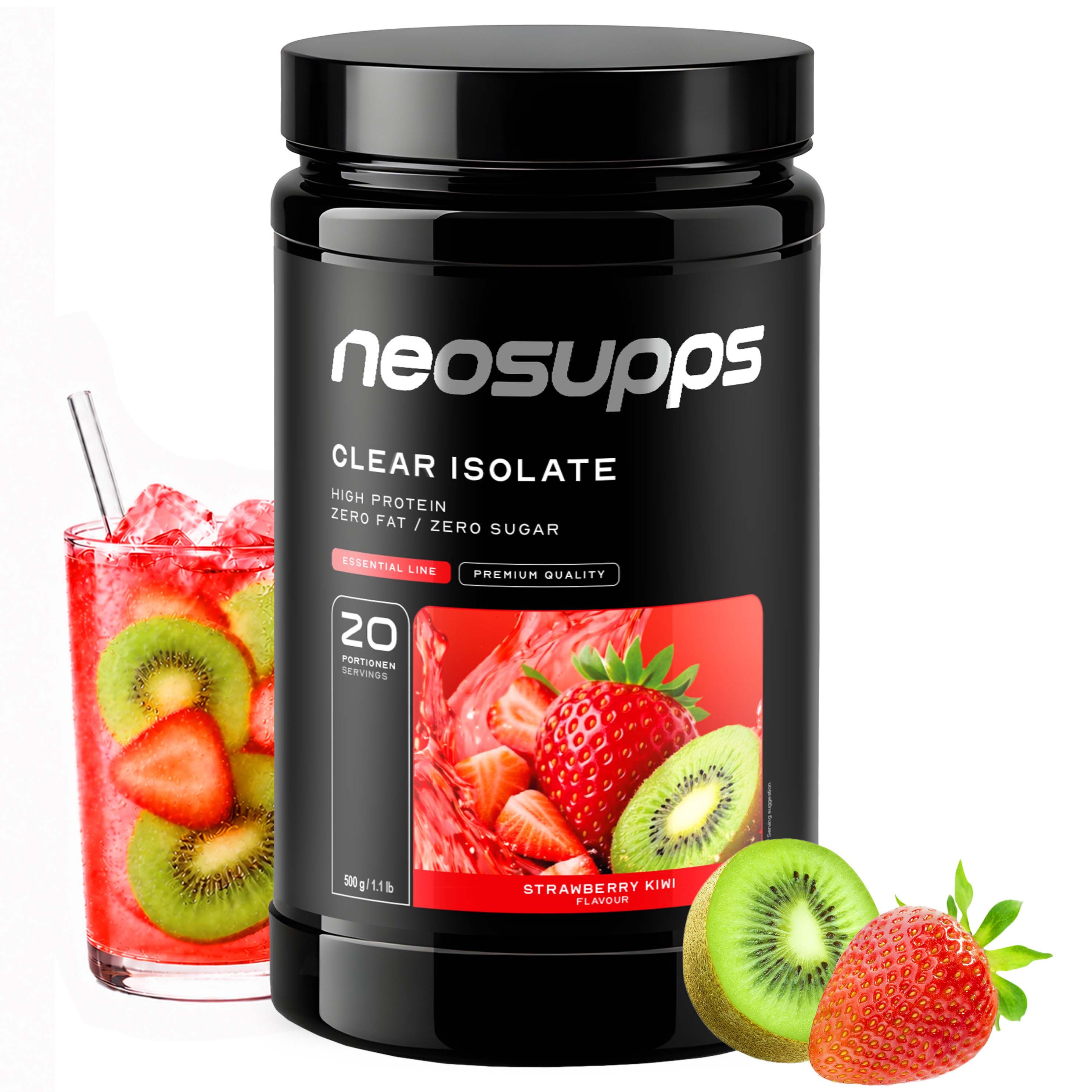Neosupps Clear Whey Isolat Protein Pulver Strawberry Kiwi, 500g,  zuckerfrei, Abnehmen, Muskelaufbau