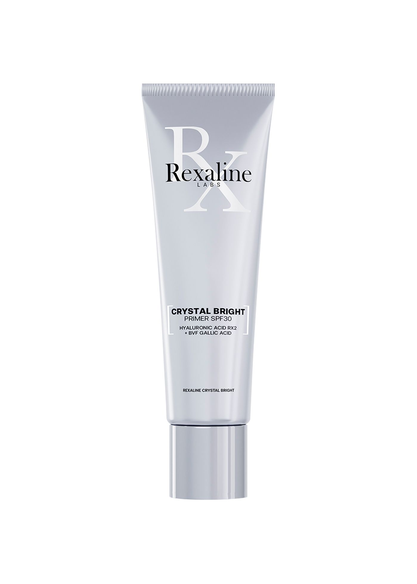 Creme-Tube mit Produktnamen und SPF30. Marke Rexaline. Silberne Kappe und Schrift.