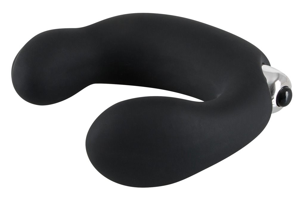 Schwarzer Prostatastimulator. U-förmig, mit abgerundeten Enden und einem Metallteil.