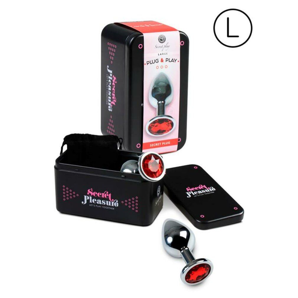 Analplug in schwarzer Dose. Dose mit Produktabbildung und Text. Größe L. Produktname: Secret Play.