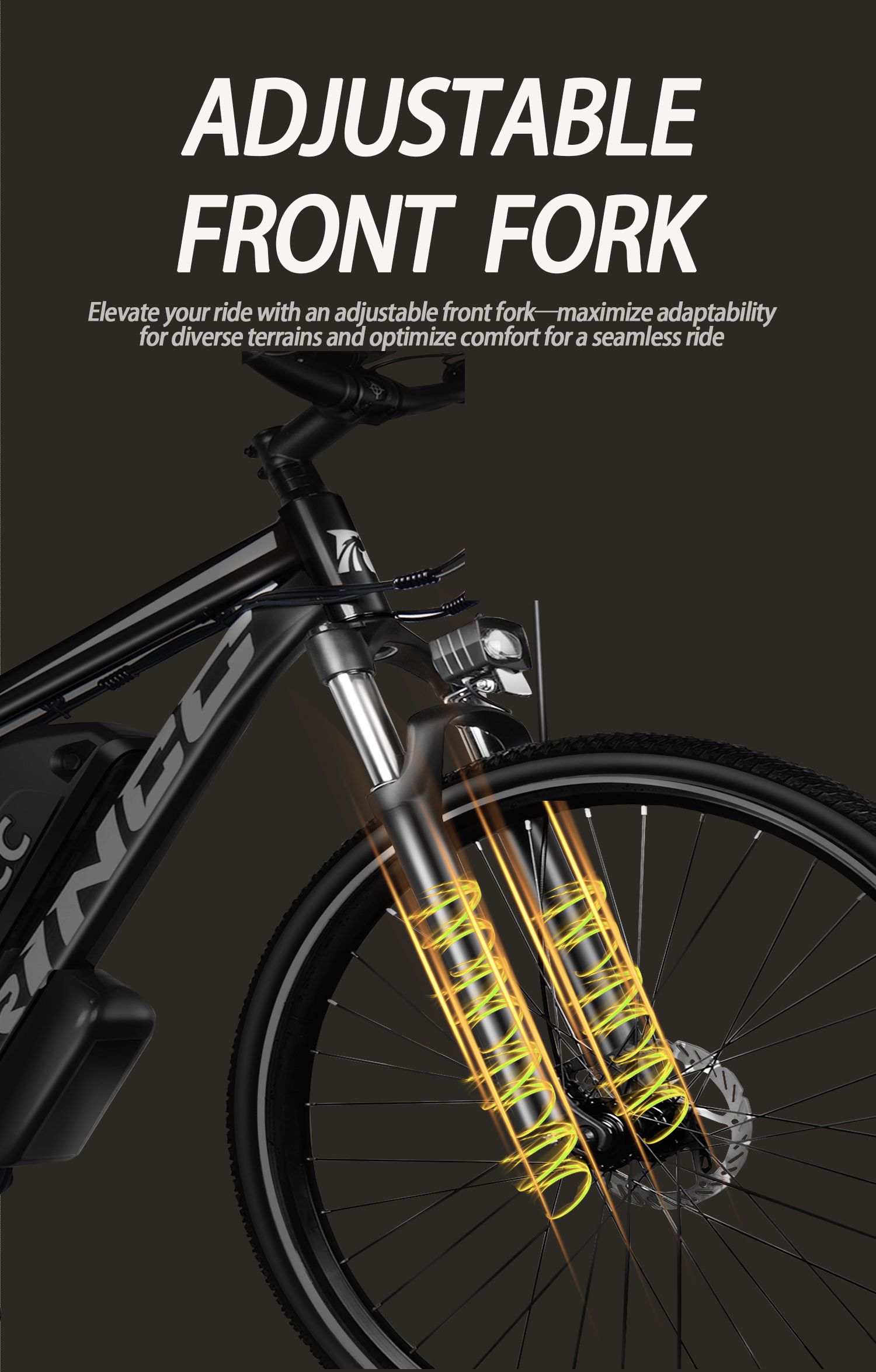 Nahaufnahme der Vorderradgabel eines Rincc E-Bikes. Gelbe Linien zeigen die Federung.