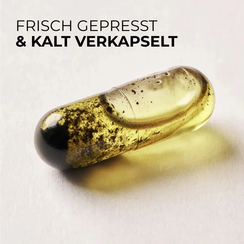 Eine einzelne Schwarzkümmelöl Kapsel mit sichtbarem Öl und Pflanzenstoffen im Inneren, auf hellem Hintergrund.