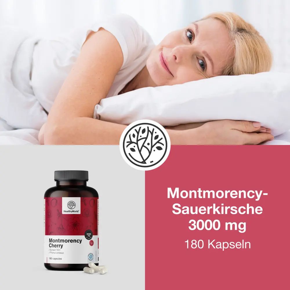 Montmorency-Sauerkirsche 3000 mg, 180 Kapseln. Produktflasche und Text "3000 mg Kirsche pro Tagesdosis".