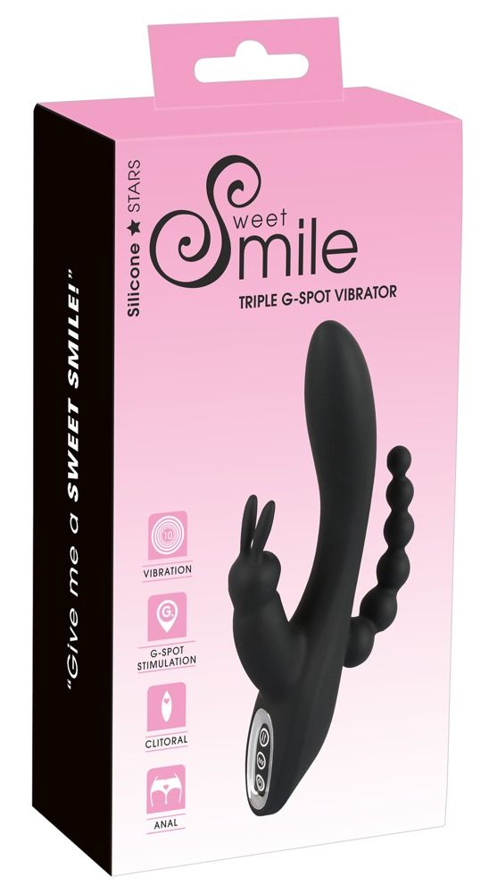 Verpackung mit schwarzem Vibrator. Aufschrift Sweet Smile, Triple G-Spot Vibrator.
