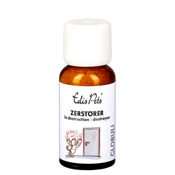 Braune Glasflasche mit weißem Etikett. Produktname und Logo sichtbar. Abbildung einer Katze, die an einer Tür kratzt. Text: Zerstörer.