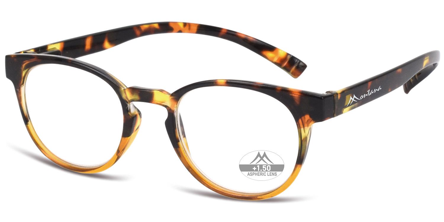 Brille mit braunem Rahmen und gelben Akzenten. Auf dem Glas steht +1.50. Montana Eyewear.