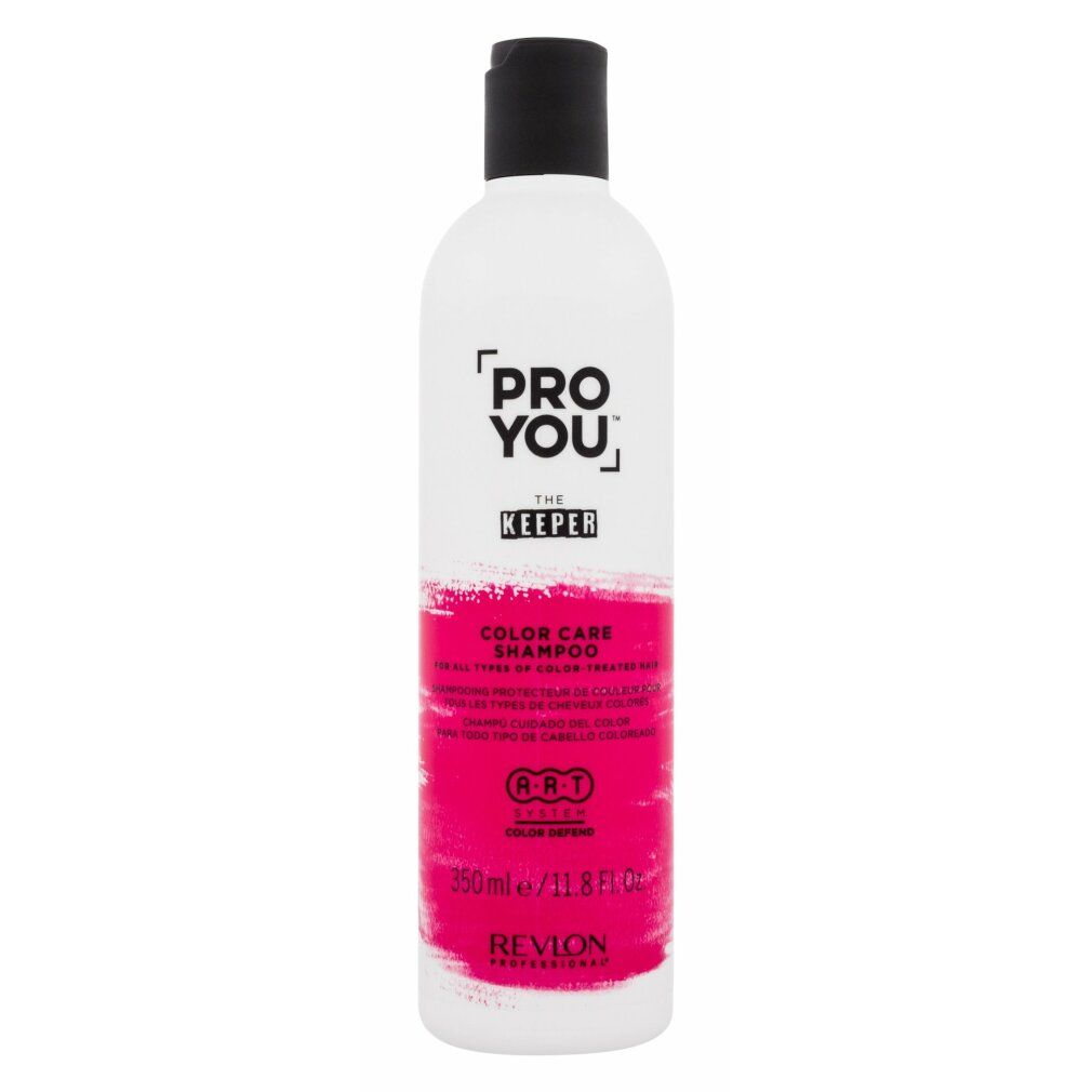 Weiße Flasche mit schwarzem Deckel. Aufschrift: Pro You The Keeper Color Care Shampoo. Rosa Farbband. Revlon Professional.