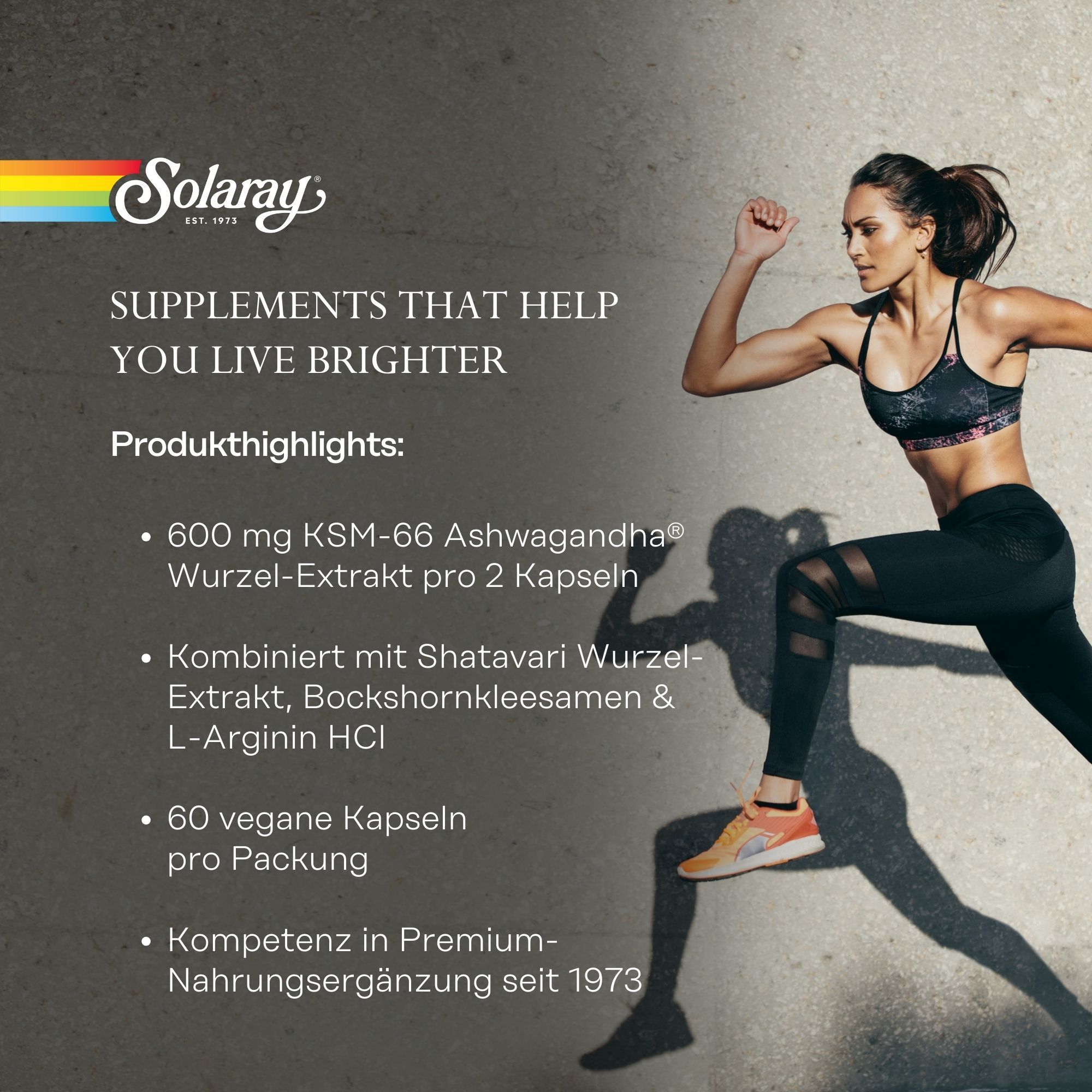 Solaray-Logo. Frau rennt. Text: 600 mg KSM-66 Ashwagandha pro 2 Kapseln. 60 vegane Kapseln. Premium-Nahrungsergänzung seit 1973.