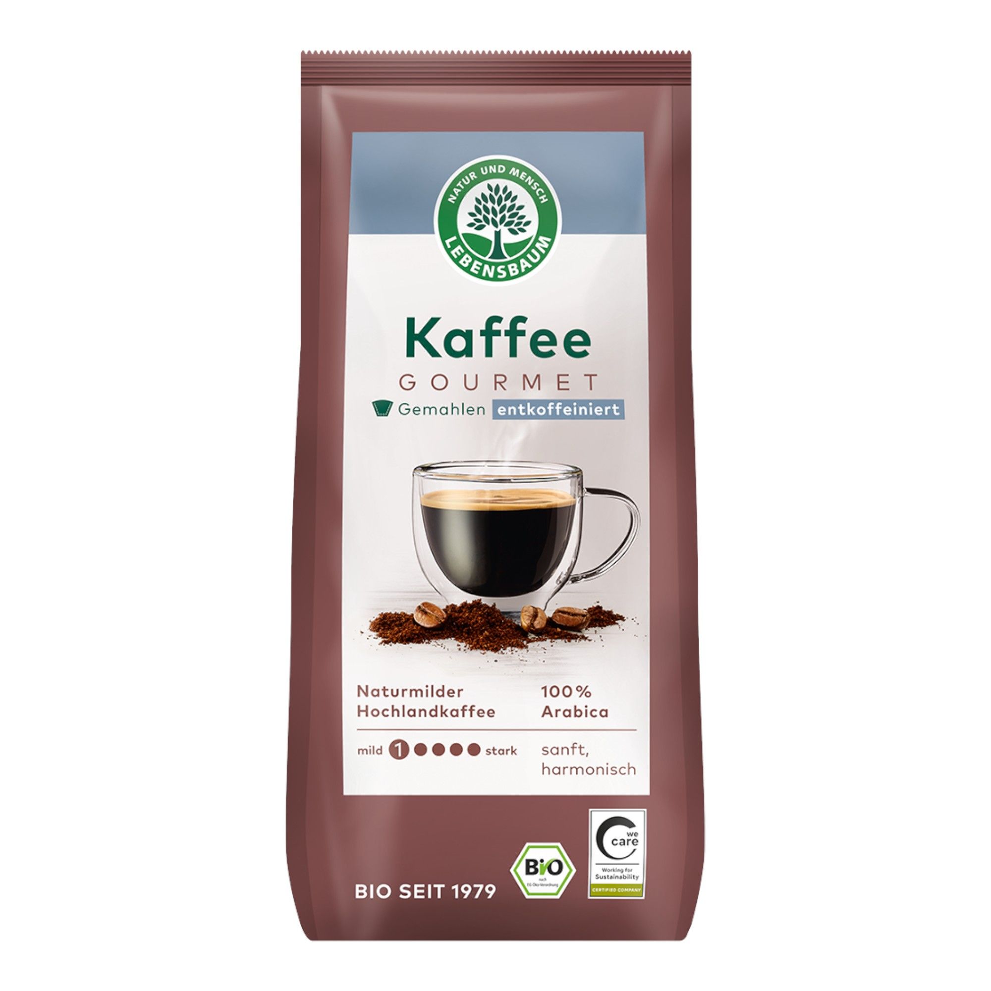 Lebensbaum Kaffee Gourmet entkoffeiniert, gemahlen. 100% Arabica. Bio-Siegel.