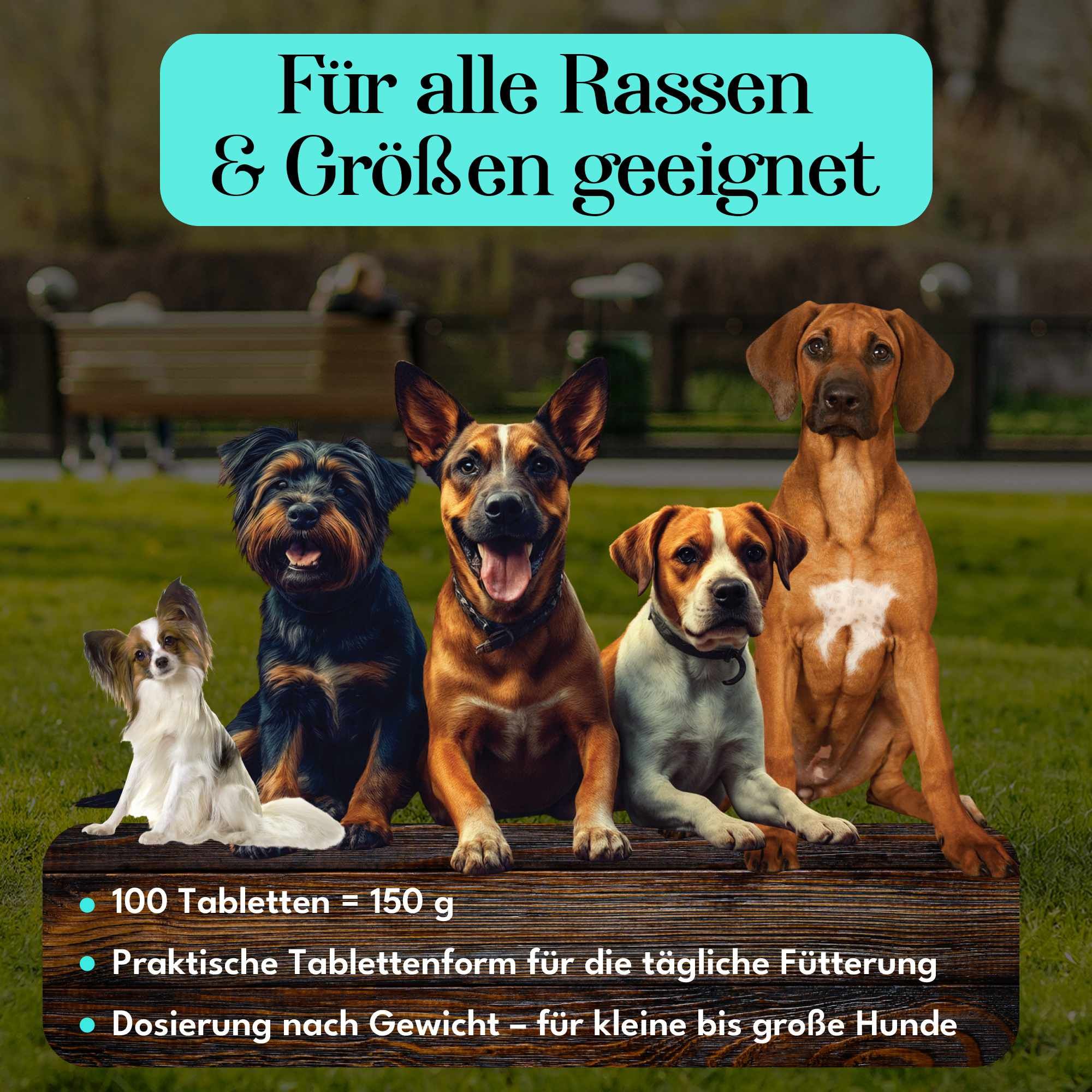 Mehrere Hunde sitzen auf einer Bank. Text: Gelenk Tabletten für Hunde. 100 Tabletten = 150 g. Praktische Tablettenform. Dosierung nach Gewicht.