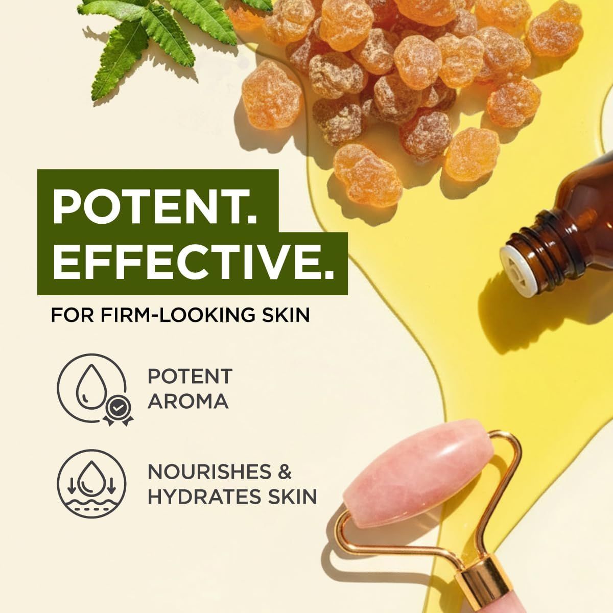 Weihrauchharz, Ölflasche, Gesichtsroller. Text: Wirksam für straff aussehende Haut. Symbole: Potentes Aroma, nährt & hydratisiert die Haut.