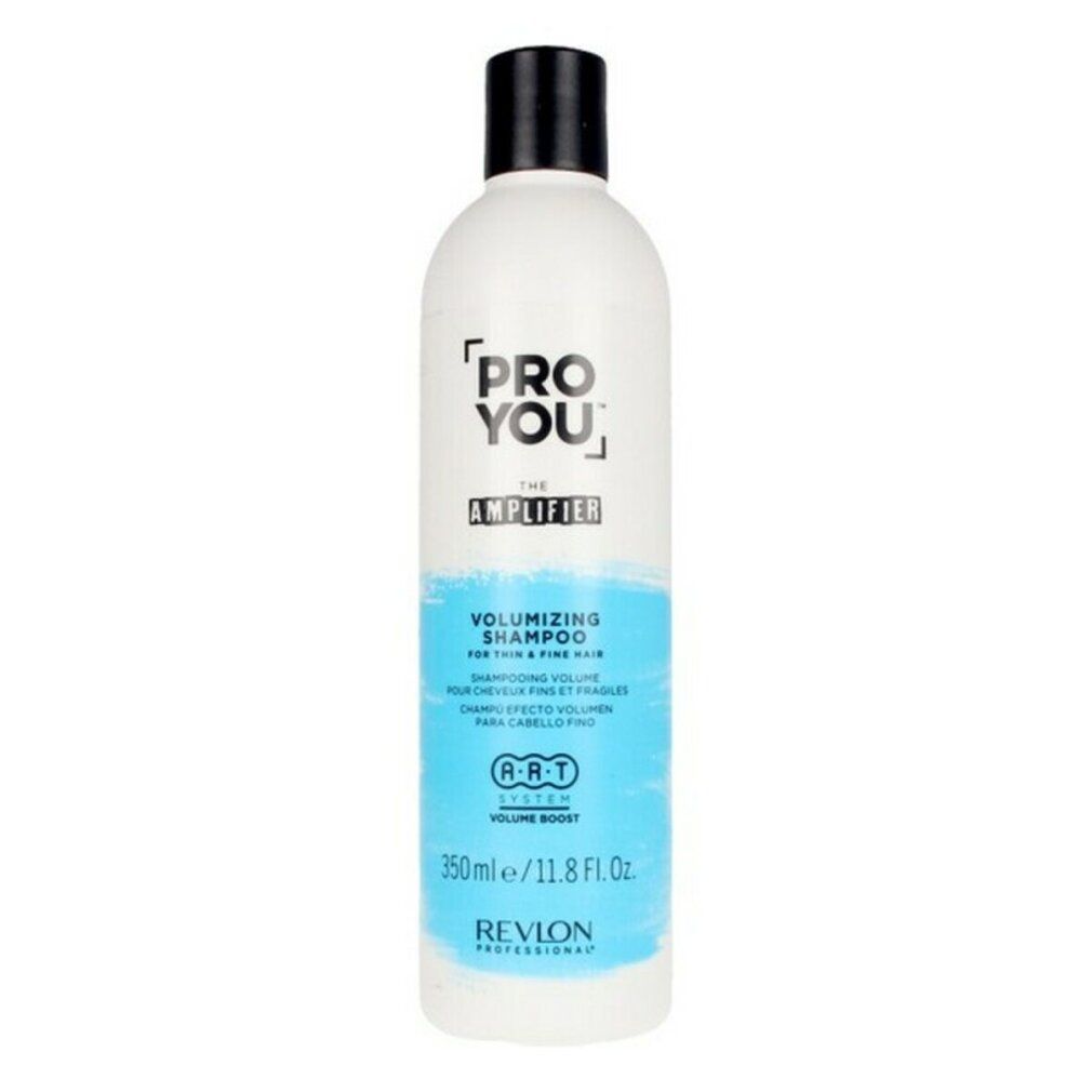 Weiße Flasche mit schwarzem Deckel. Aufschrift: Pro You The Amplifier, Volumizing Shampoo. Marke: Revlon.