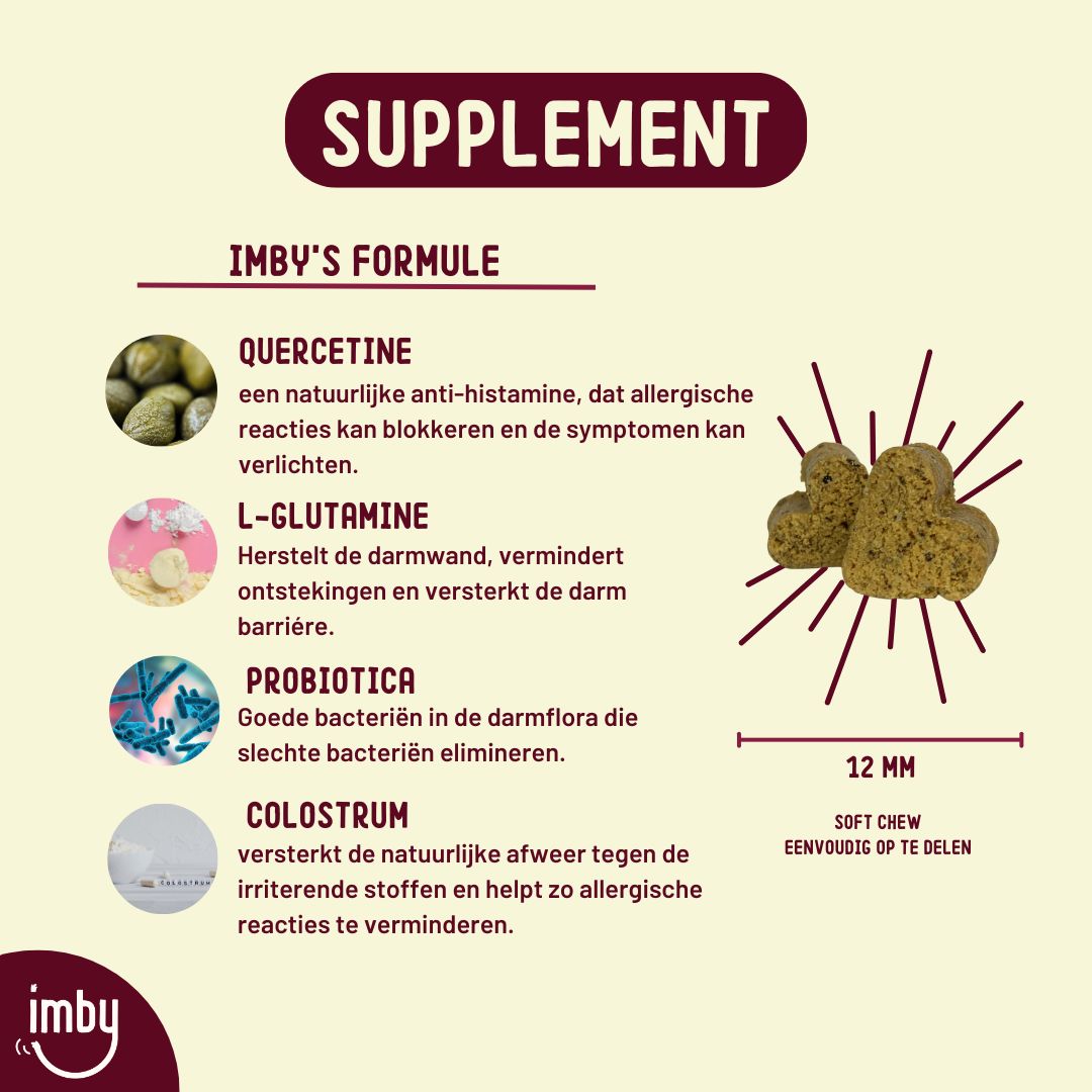 Imby Allergy & Itch Supplement für Hunde. Dose mit 90 weichen Kausnacks. Enthält Kolostrum, Postbiotika, Probiotika, Quercetin.