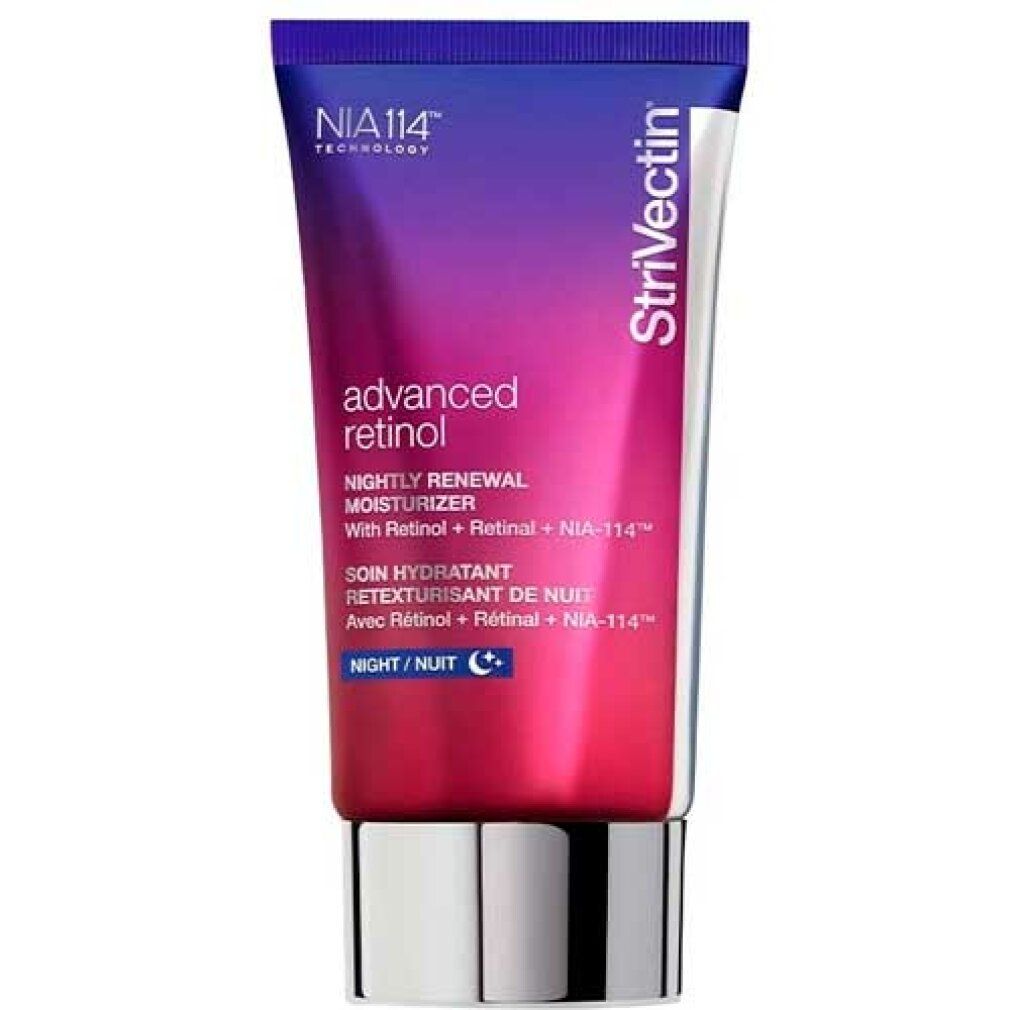 Tube "Strivectin Advanced Retinol Nightly Renewal Moisturizer". Lila-roter Farbverlauf, silberner Deckel, Text.