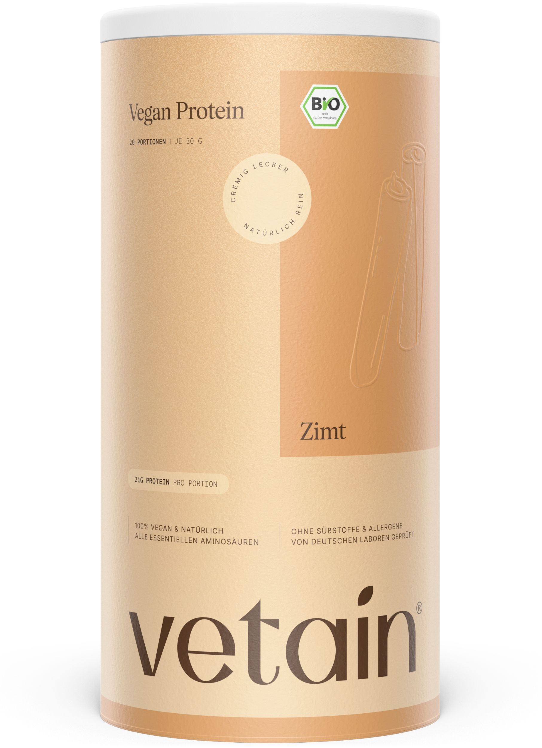 Zylindrische Dose mit "Vegan Protein"-Aufdruck. Bio-Siegel. Zimt-Geschmack. Marke: Vetain. Beige-braune Farbgebung.
