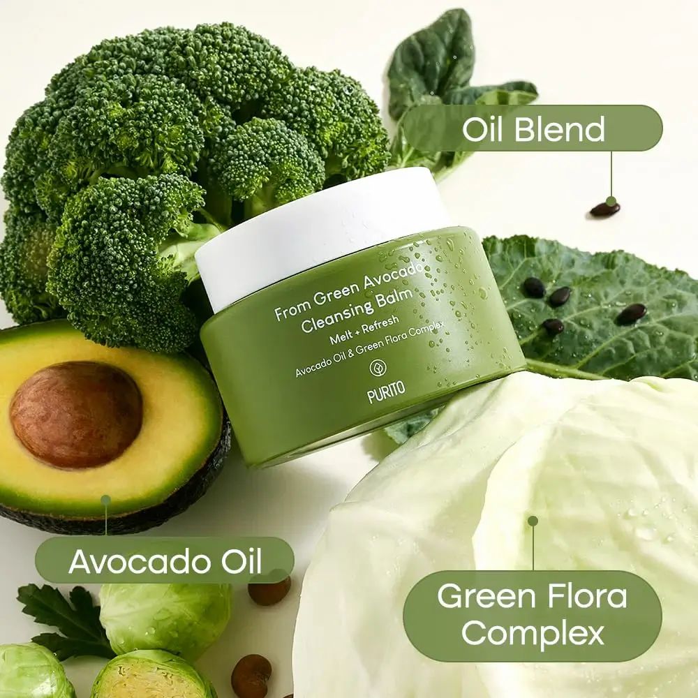 Grüner Tiegel mit Avocado, Brokkoli, Kohl und Samen. Aufschrift: From Green Avocado Cleansing Balm. Marke: PURITO. Text: Avocado Oil, Oil Blend, Green Flora Complex.