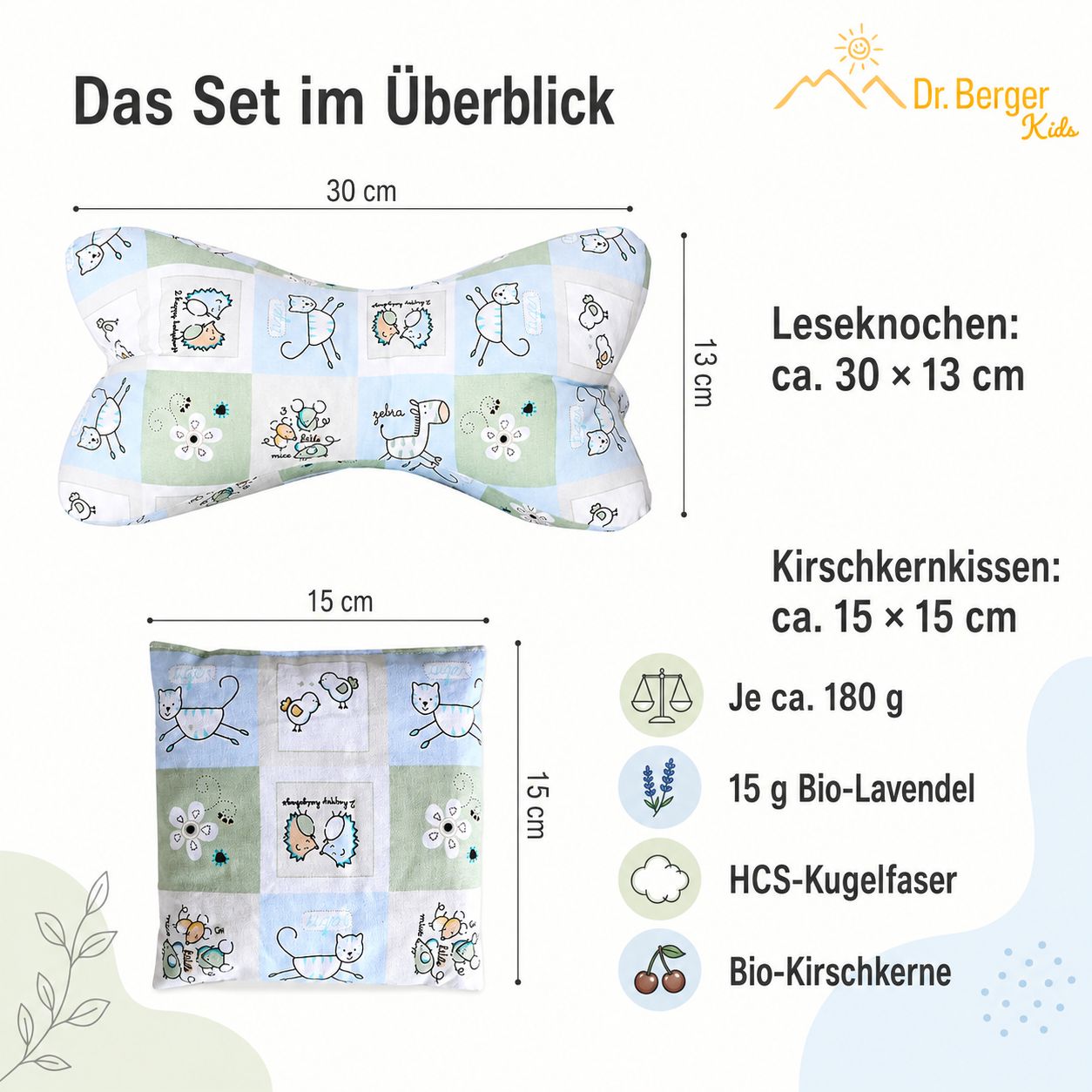 Maße des Dr. Berger Kuschelkissen-Sets: Leseknochen ca. 30x13 cm, Kirschkernkissen ca. 15x15 cm.