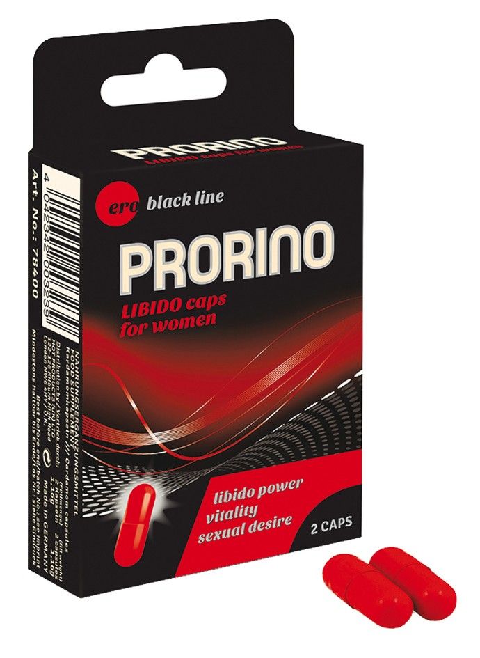 Schwarze Verpackung mit "Prorino"-Logo und roten Kapseln. Text: "Libido caps for women". Zwei rote Kapseln liegen daneben.