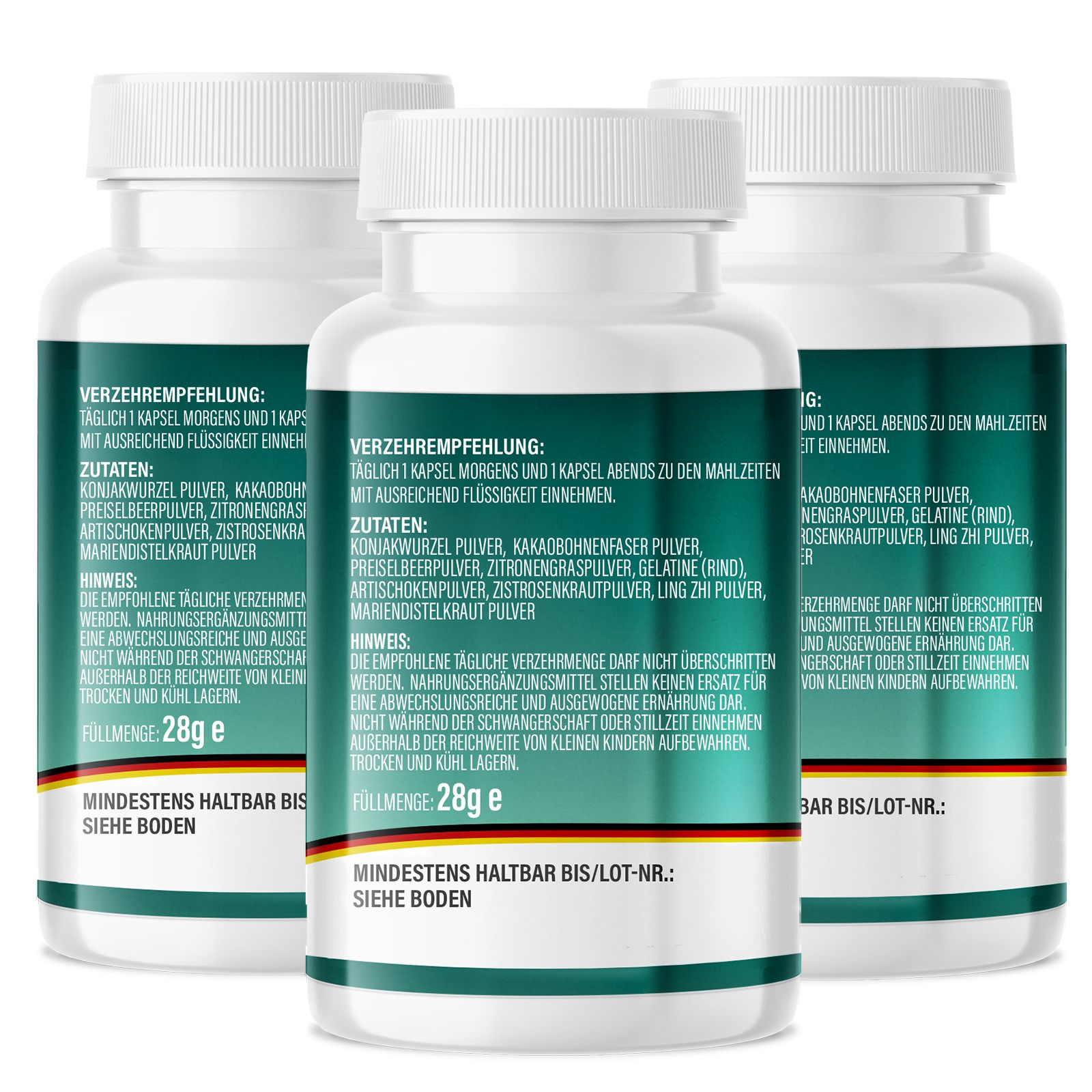 Drei weiße Flaschen mit grünen Etiketten. Rückseite mit Text: Verzehrempfehlung, Zutaten, Mindestens haltbar bis. Mit deutschem Flaggen-Design.