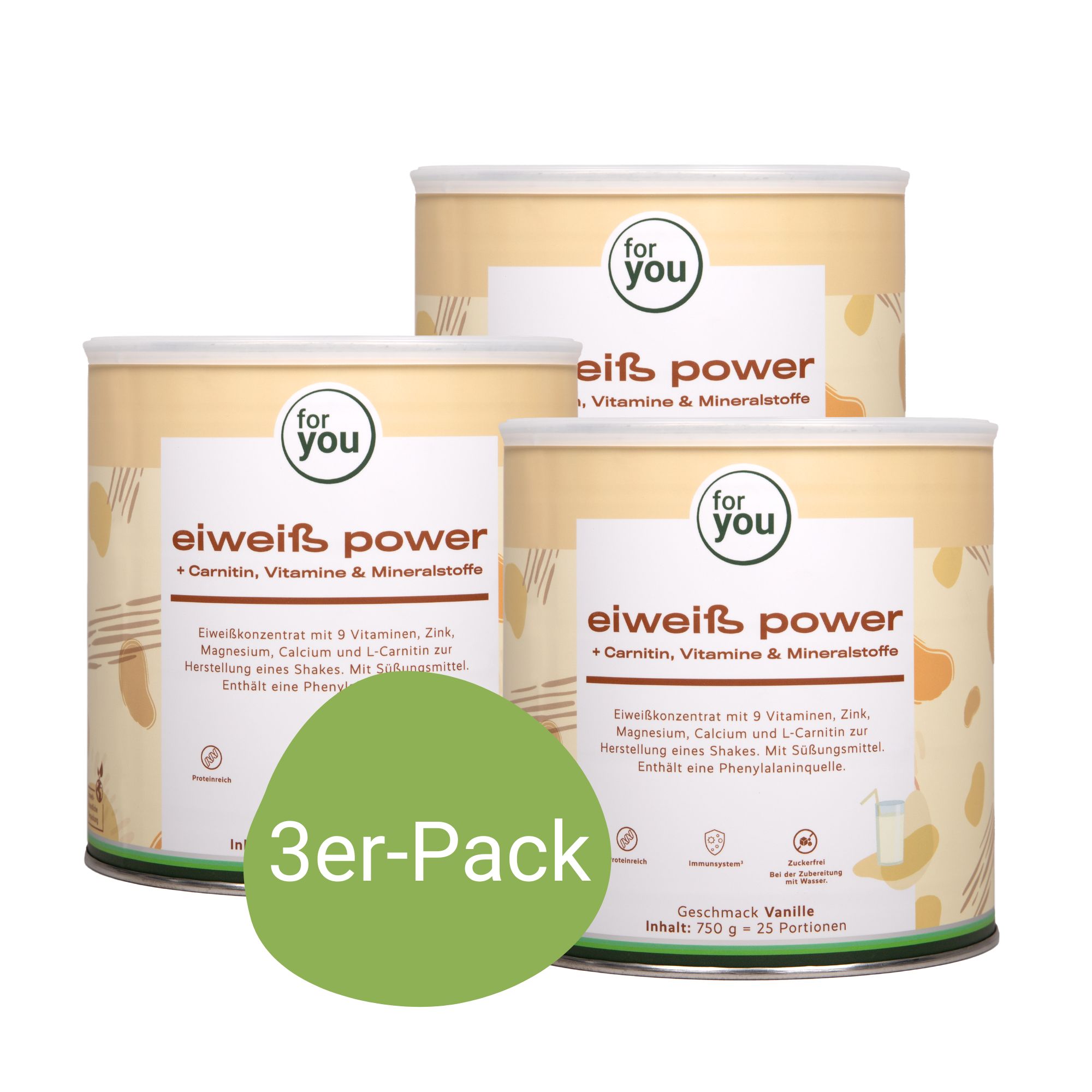 Drei Dosen Eiweiß Power Vanille im 3er-Pack.