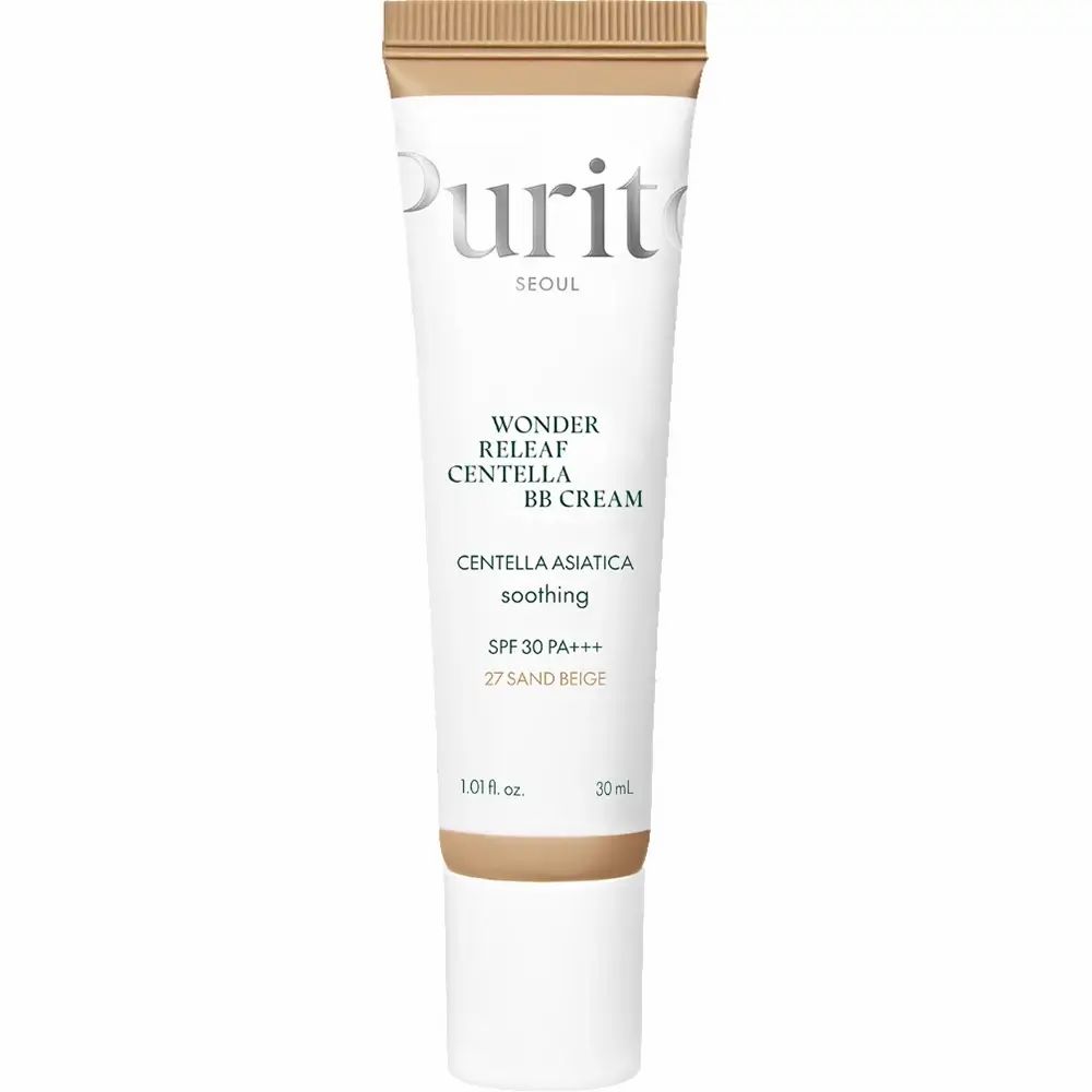 Tube PURITO Wonder Releaf Centella BB Cream 27 Sand Beige. Weißer Tube, beige Kappe. Text: SPF 30 PA+++, 30 ml.