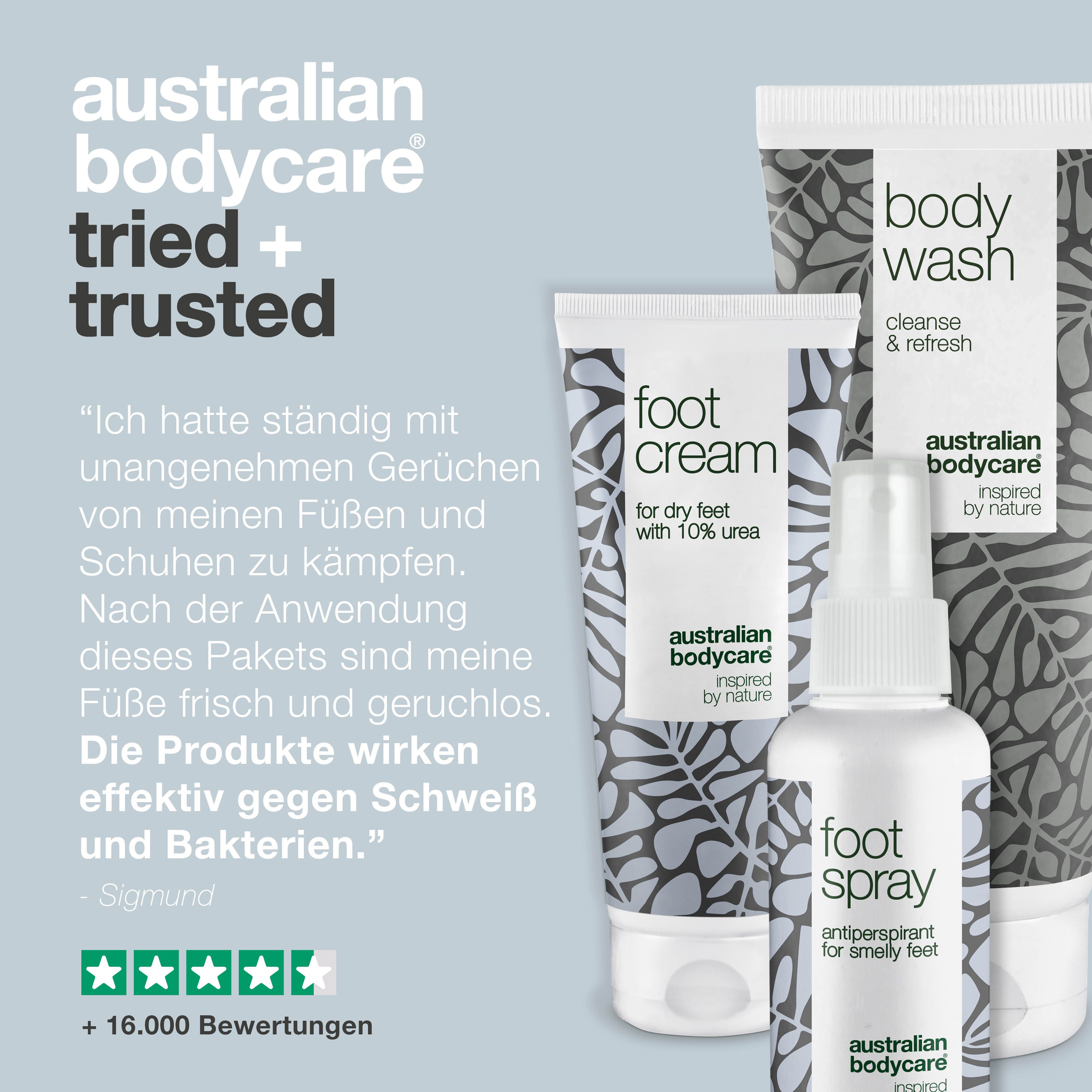 Drei Produkte: Body Wash, Fußcreme, Fußspray. Text: Australian Bodycare, Tried + Trusted. Grün.