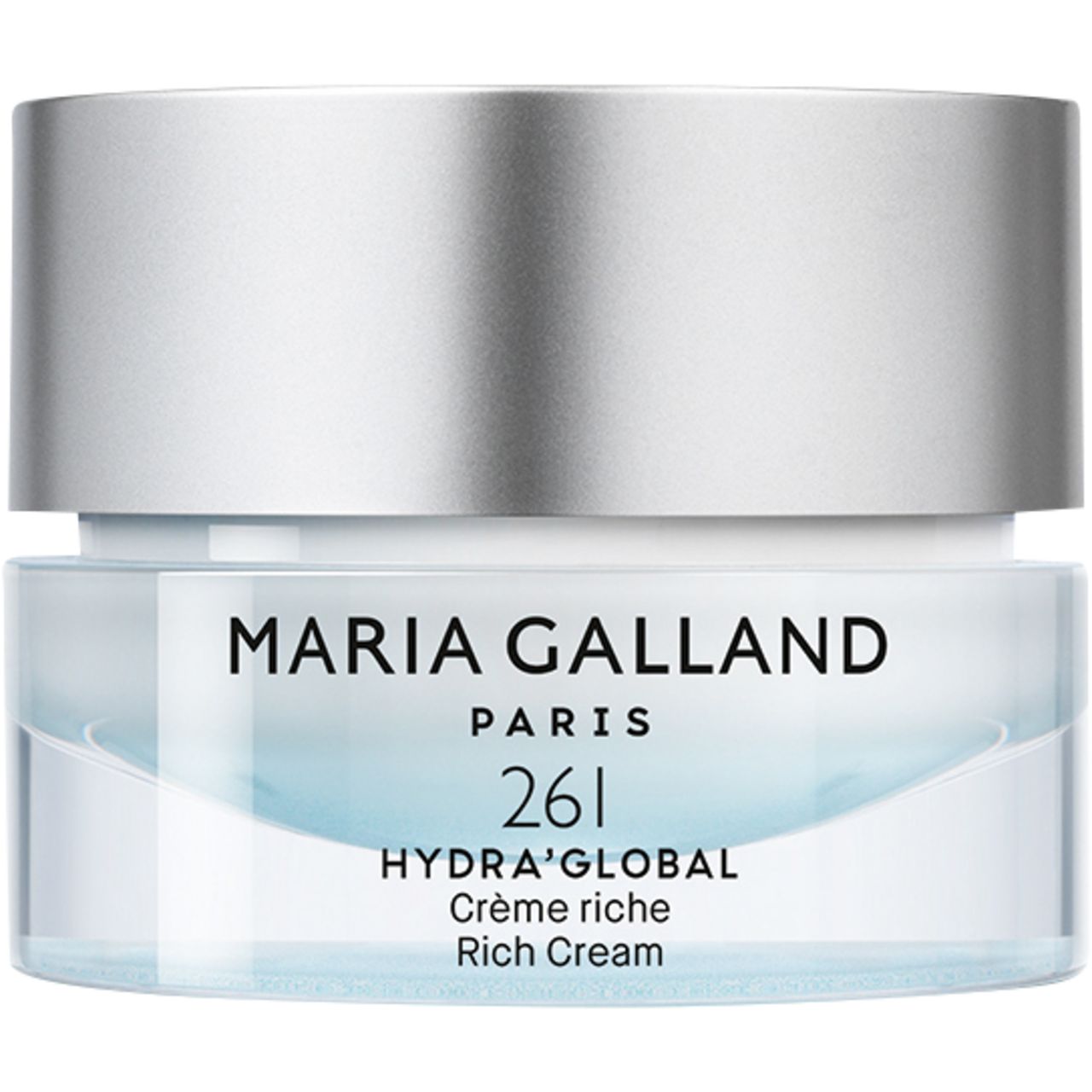Maria Galland 261 HYDRA'GLOBAL Rich Cream. Creme-Tiegel mit silbernem Deckel. Schwarze Schrift auf blauem Hintergrund.