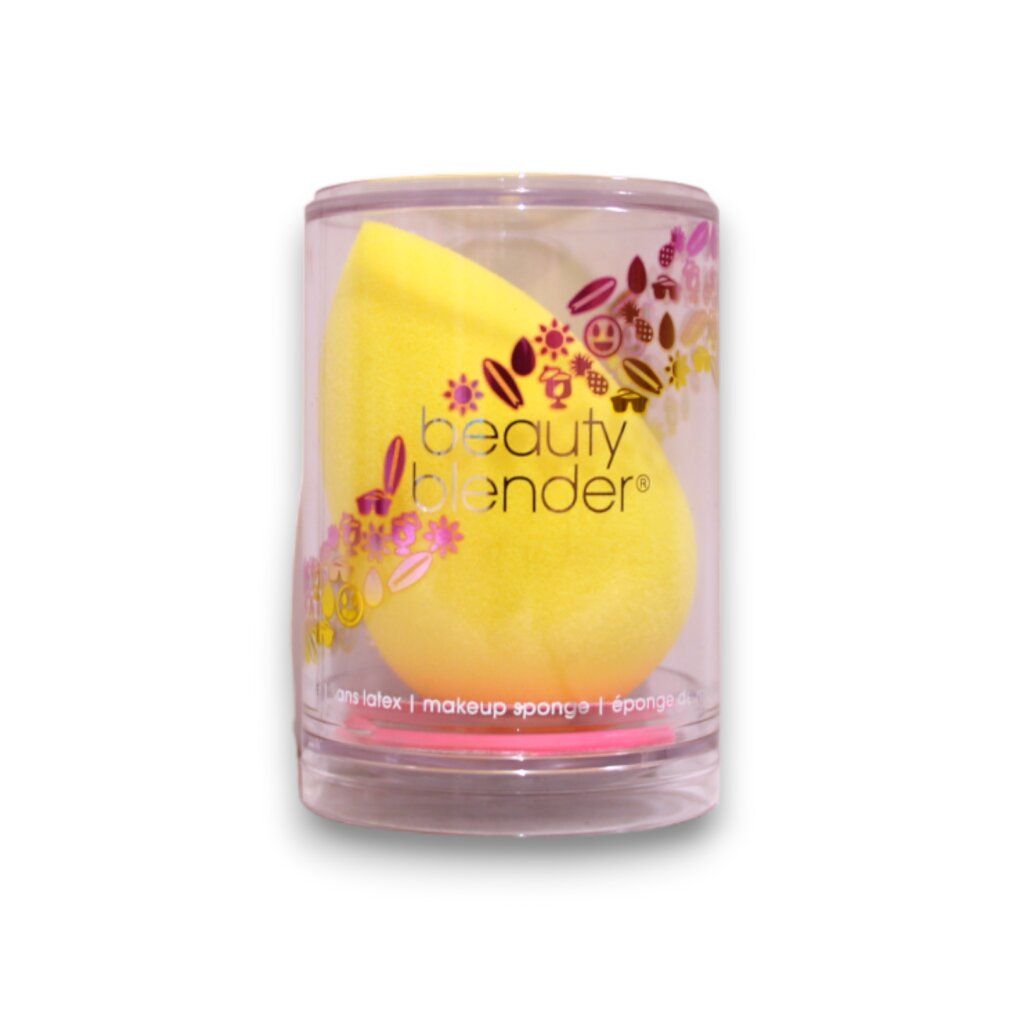Gelber Beautyblender in durchsichtiger Hülle mit Blumenmuster und Produktinformationen.