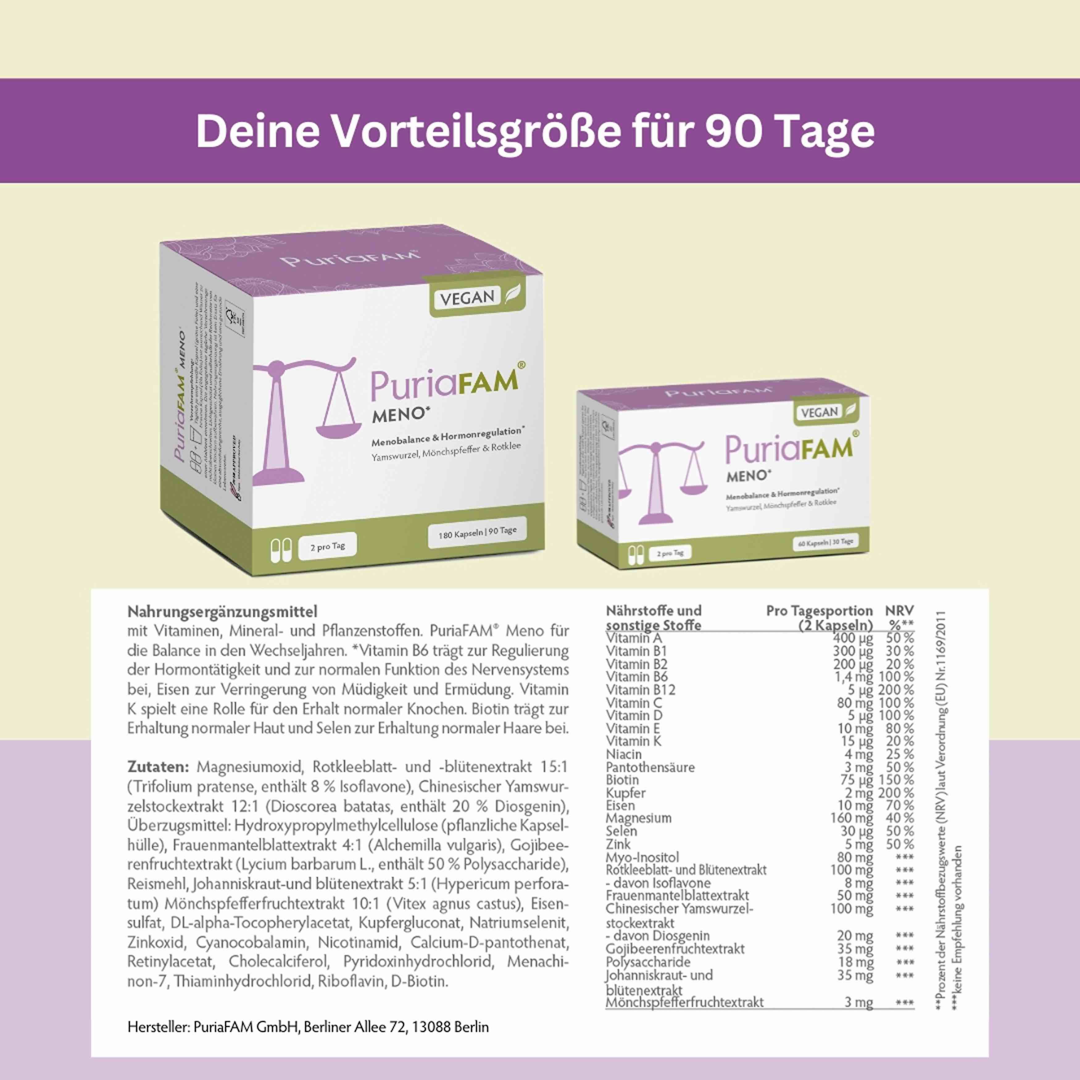 Zwei Schachteln PuriaFAM Meno. Nährwerttabelle. Inhaltsstoffe. 90 Tage. Vegan. Waage-Logo.