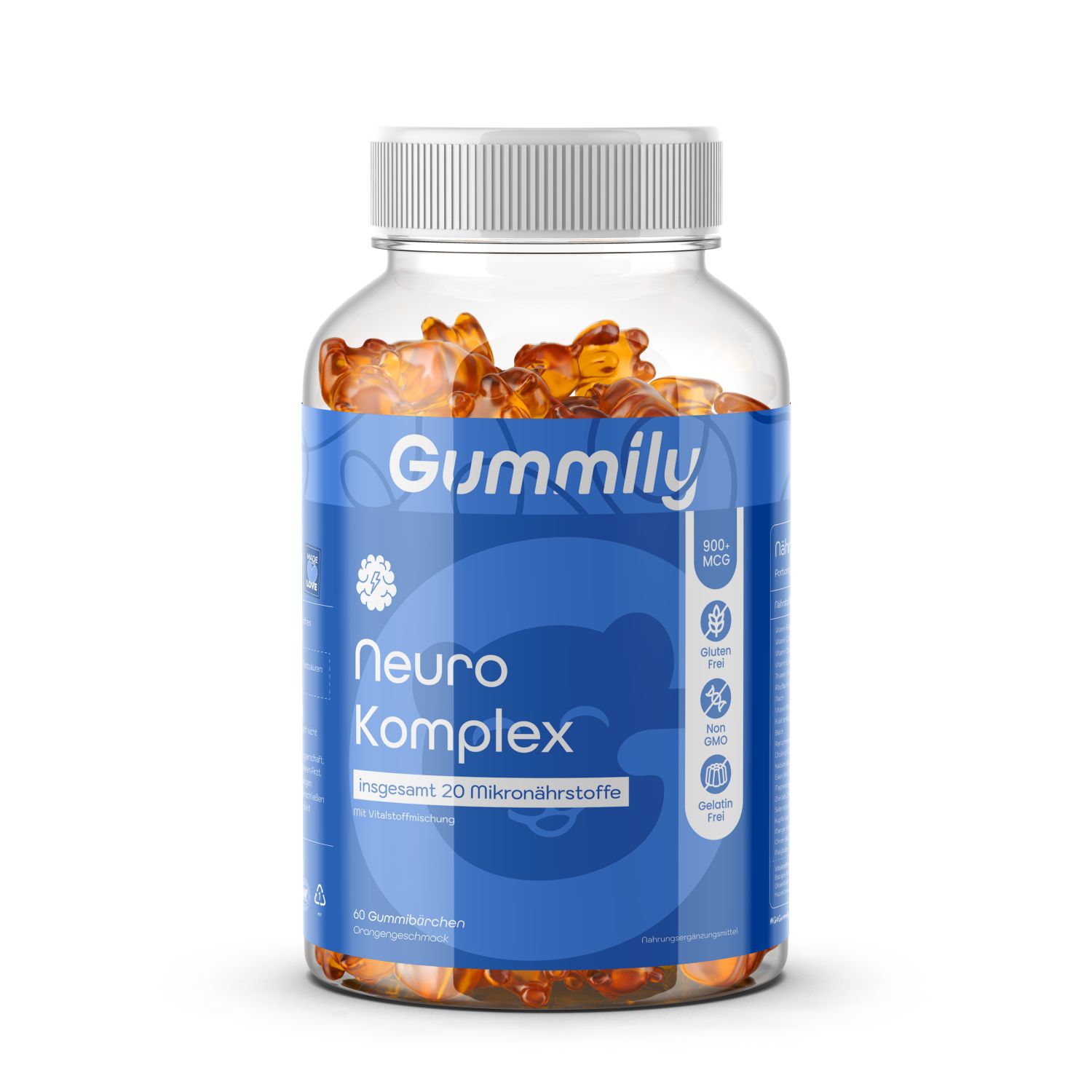 Gummily® Neuro Komplex Gummibärchen in Glasflasche. Blaue Etikett mit Produktnamen und Logos. Gummibärchen sichtbar.