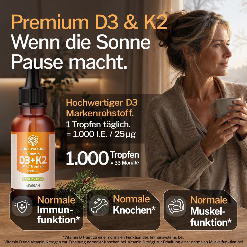Frau mit Tasse, Flasche D3+K2 Tropfen, Text "Premium D3 & K2".