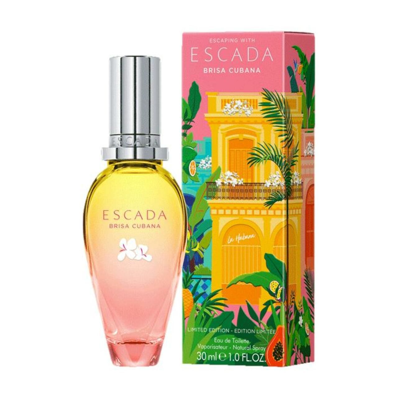Flasche und Verpackung Escada Brisa Cubana. Flasche: gelb-rosa Farbverlauf, silberner Deckel. Verpackung: rosa, gelbes Gebäude.