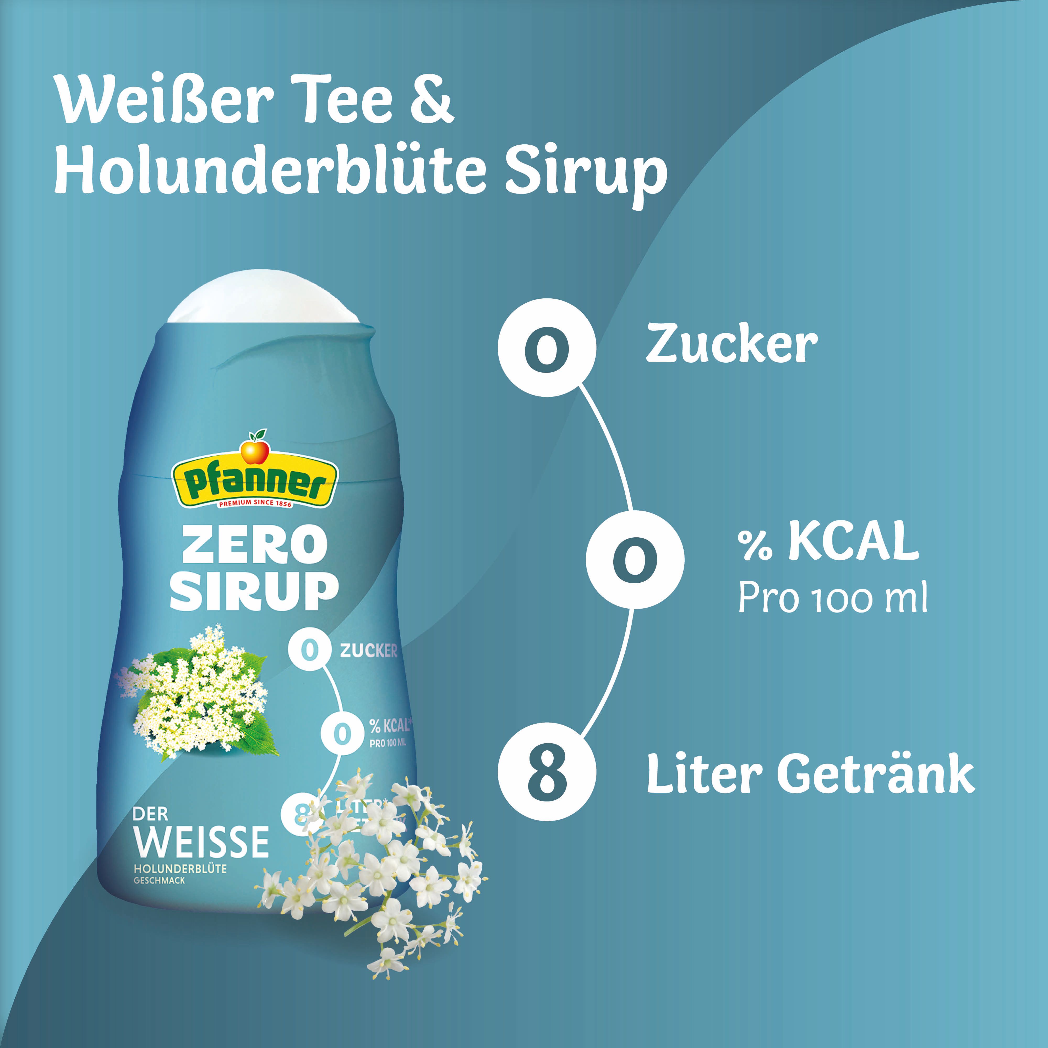 Pfanner Zero Sirup weiße Tee & Holunderblüte in blauer Flasche. 0 Zucker, 0 kcal pro 100 ml. Ergibt 8 Liter Getränk.