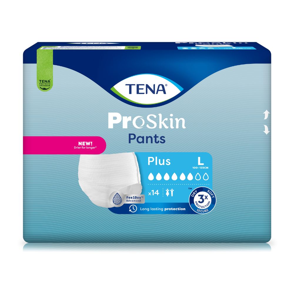 Verpackung TENA ProSkin Pants Plus. Blaue Verpackung mit Produktabbildung. Text: TENA, ProSkin Pants, Plus, L, x14, 3X Protection Secure.