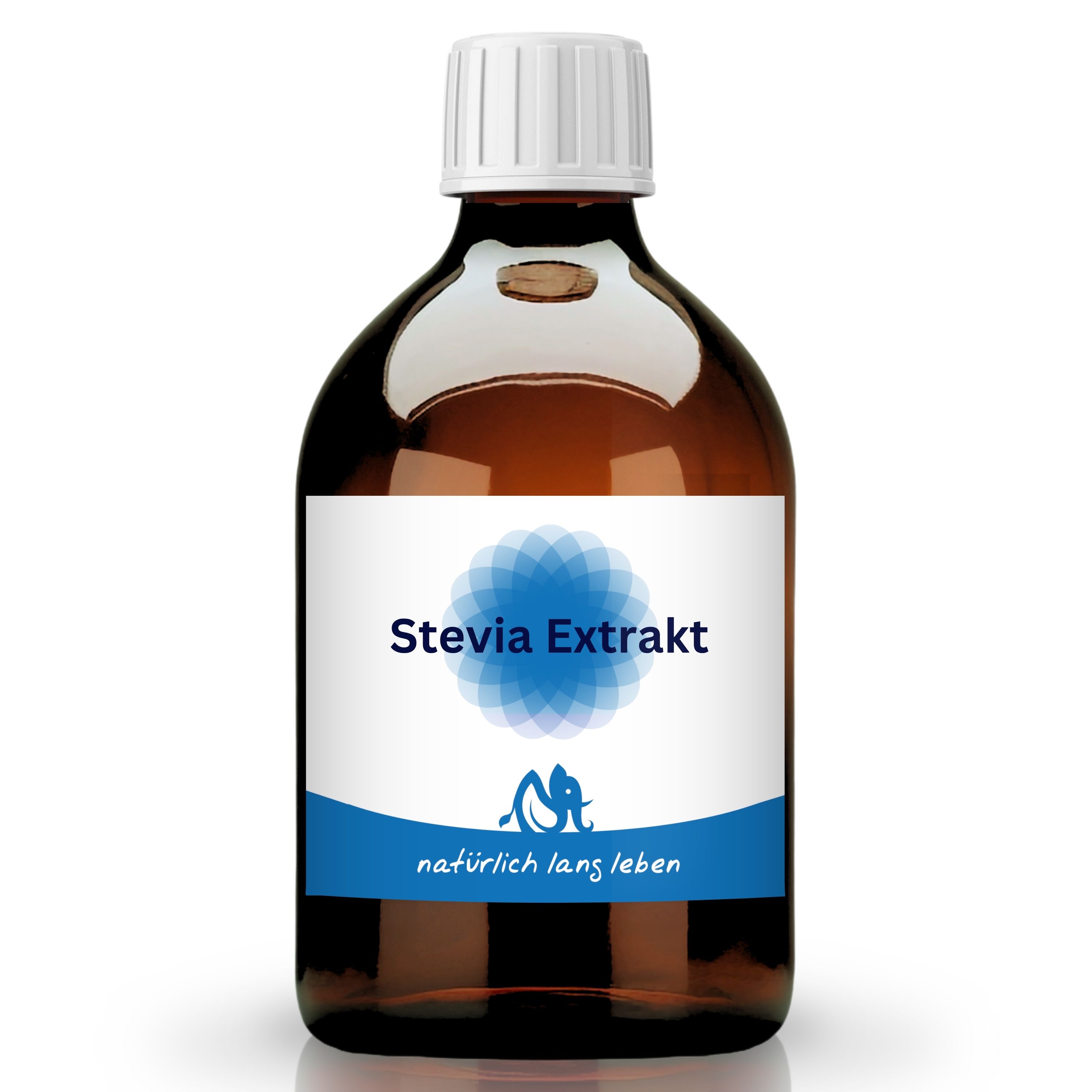 Braune Glasflasche mit weißem Deckel und Etikett. Aufschrift: Stevia Extrakt, Logo und "natürlich lang leben".