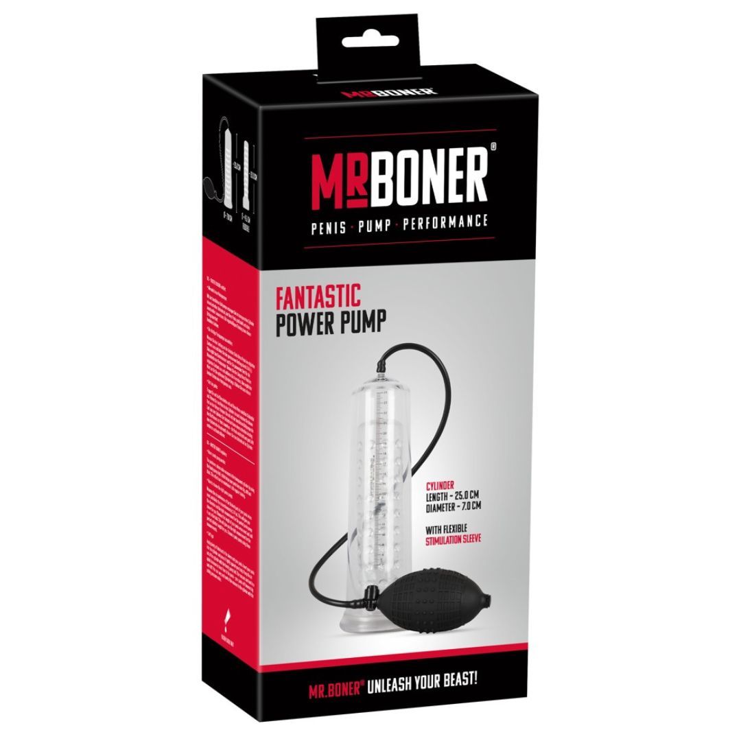Schwarze Verpackung mit Produktabbildung. Aufschrift: MR BONER, PENIS PUMP PERFORMANCE, FANTASTIC POWER PUMP.