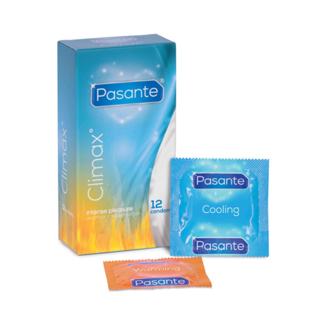 Schachtel mit Kondomen, Marke Pasante, Produktname Climax°. 12 Kondome. Zwei Einzelverpackungen: Cooling und Warming.