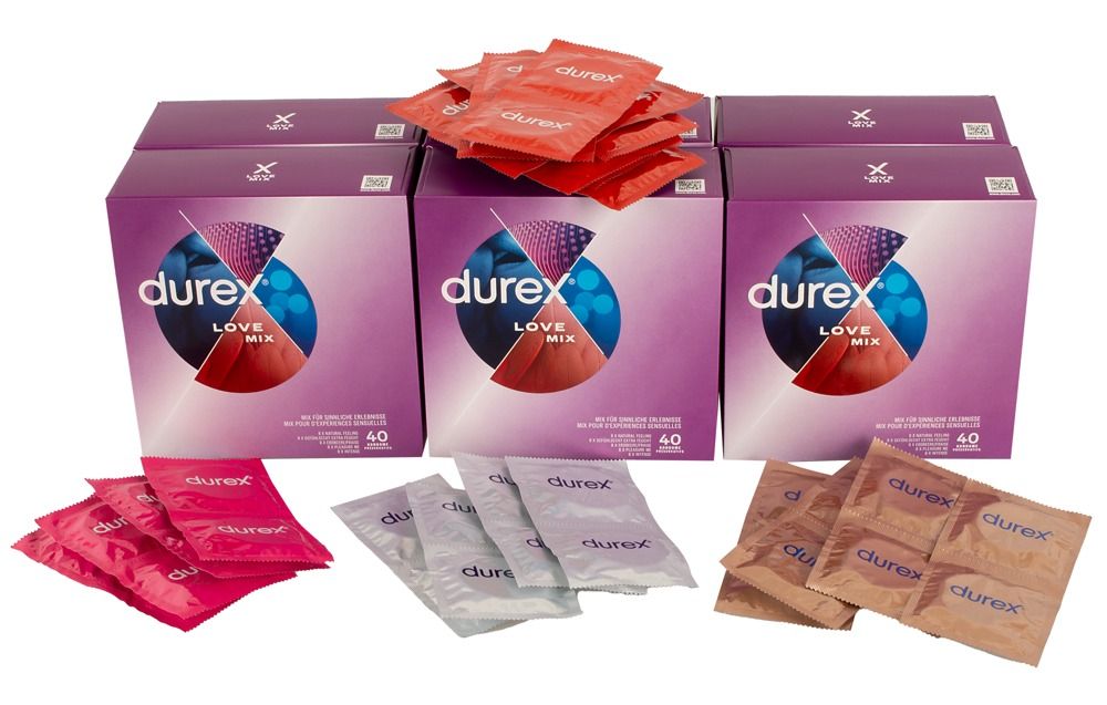 Durex Love Mix Kondome in verschiedenen Verpackungen: Lila Boxen mit 40 Stück, rote, silberne und braune Einzelpackungen.