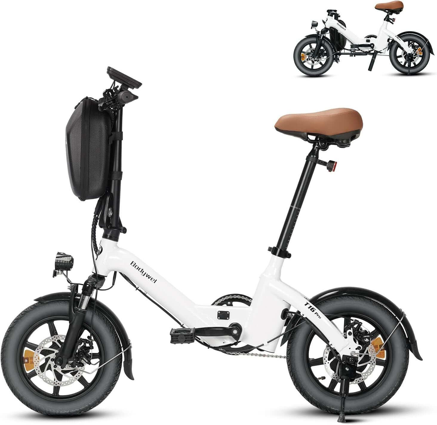 Weißes, zusammenklappbares Elektrofahrrad. Schwarze Reifen, brauner Sattel. Aufschrift "Bodywel" und "T16 Pro".