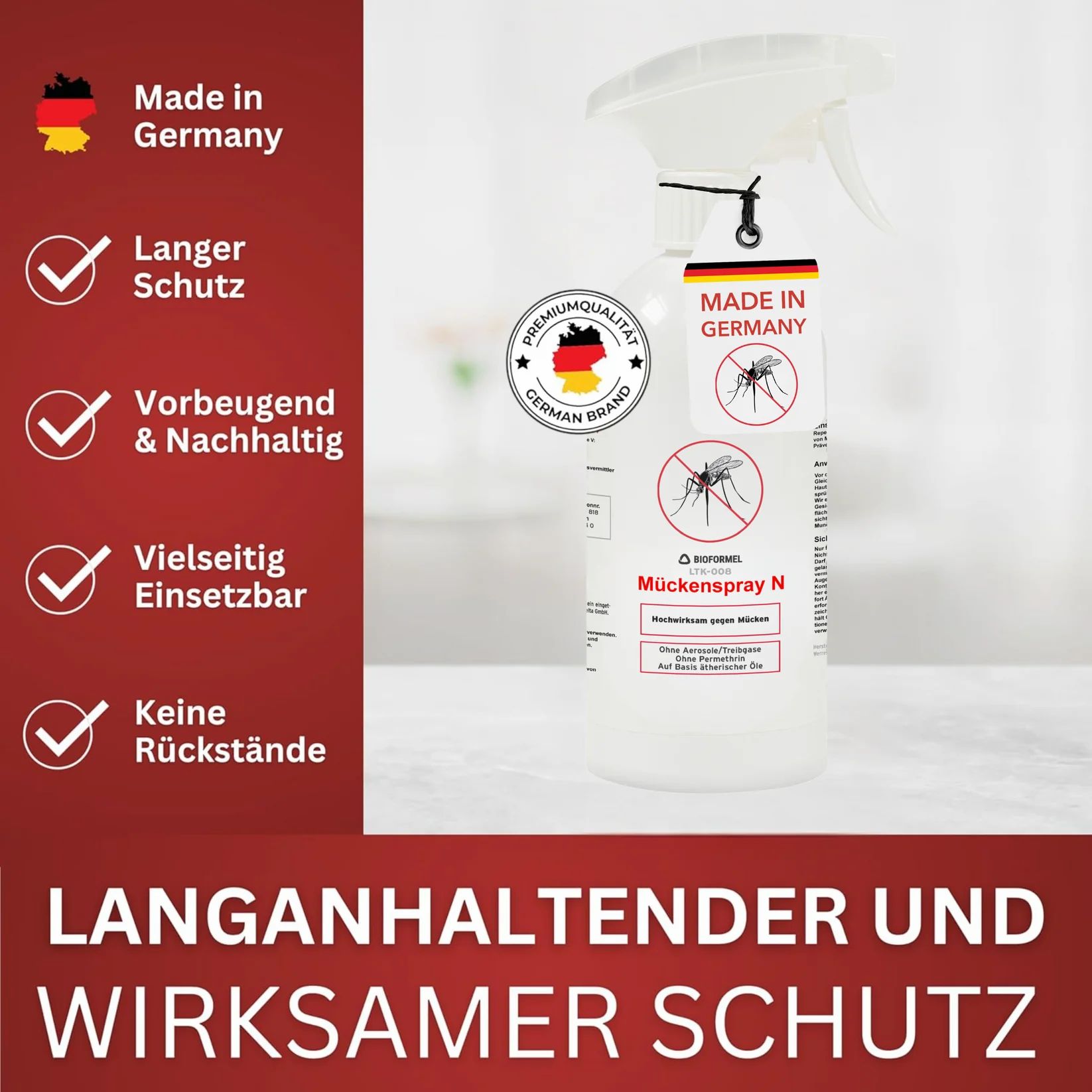 Weißes Spray mit Sprühkopf. Aufschrift: Mückenspray N. Logos: Made in Germany, Premium Qualität.