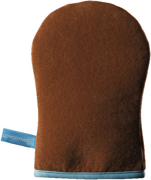 Brauner Applikatorhandschuh. Blaues Etikett mit Logo. Hellblauer Saum. Auf weißem Hintergrund.