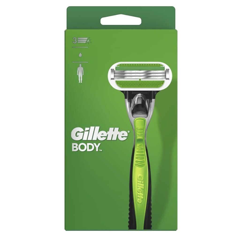 Grüne Verpackung mit Rasierer. Gillette Body Rasierer mit grünem Griff und silbernem Scherkopf. 3 Klingen.