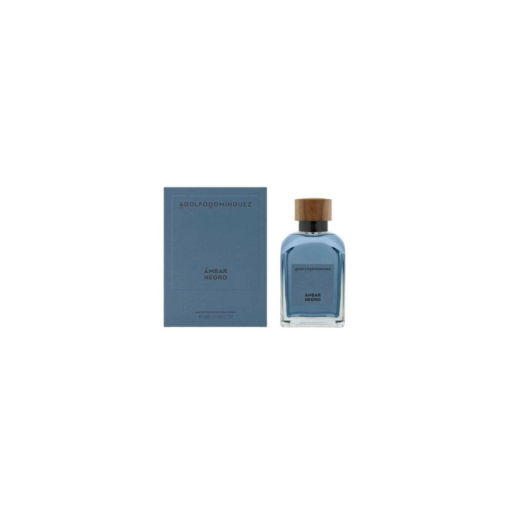 Flakon und Schachtel. Aufschrift: ADOLFODOMINGUEZ, ÁMBAR NEGRO. Blaue Farbe. Holzdeckel.