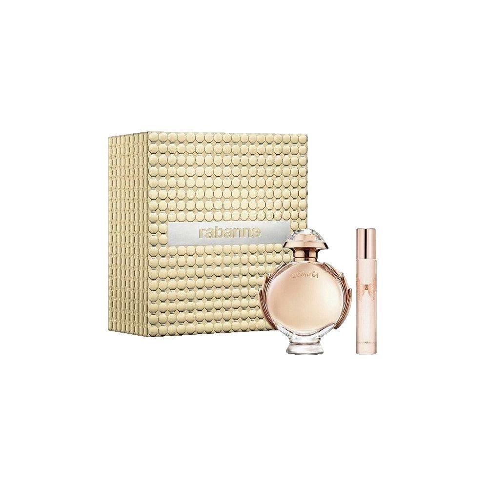 Geschenkset mit Parfümflakon, Zerstäuber und Verpackung. Goldfarbene Verpackung mit Logo. Flakon und Zerstäuber in Rosa.