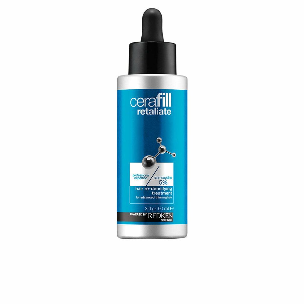 Blau-silberne Flasche mit schwarzem Deckel und Pipette. Aufschrift: Cerafill Retaliate, 5% Stemoxydine, Redken.